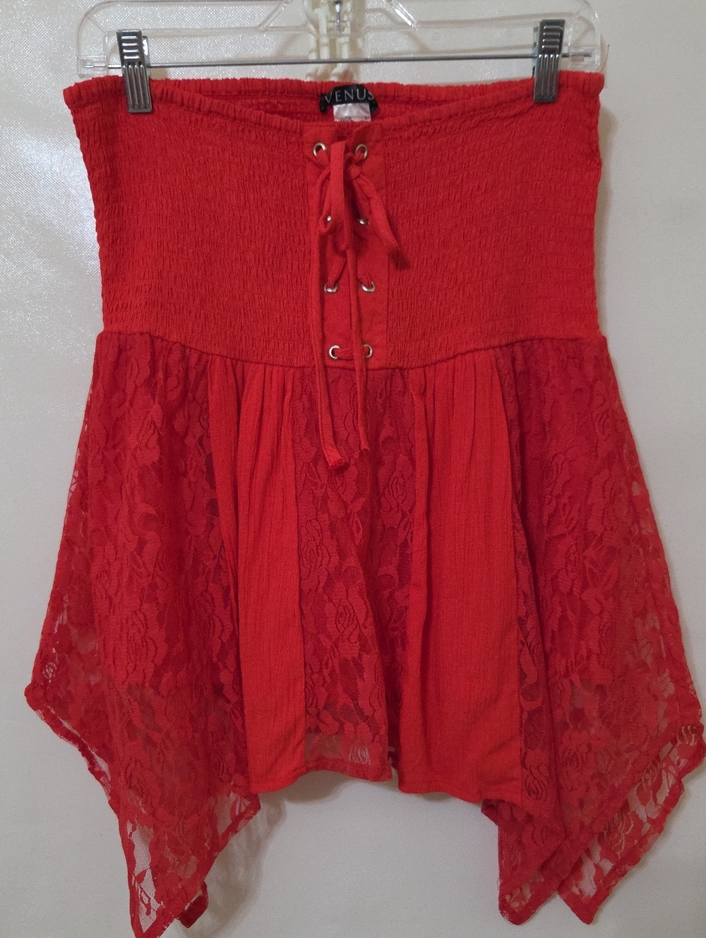 Venus Women's Red Strapless Smocked Lace Overlay Tube Top Blouse - Size Large